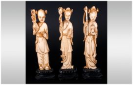 Chinese 19th Century Ivory Figures ( 3 ) In Total. All Figures Raised on a Black Lacquer Shaped