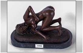 Modern Erotic Bronze Sculpture Depicting A Naked Lady Leaning Forward On A Marble Base, Signed