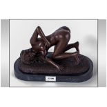 Modern Erotic Bronze Sculpture Depicting A Naked Lady Leaning Forward On A Marble Base, Signed