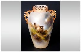 Royal Worcester Hand Painted Two Handle Reticulated Vase ' Sheep In a Highland Setting ' Signed
