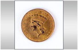 American Gold Indian Princess One Dollar Coin - Date 1862, Grade Good. Weight 1.7 grams. Mint