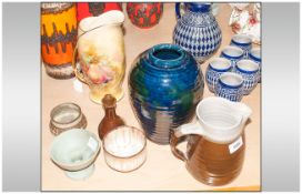 Six Art Pottery Vessels - Including Brown glazed jug stamped ''B-P'', Blue abstract vase marked ''