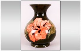 Moorcroft Globual Shaped Vase ' Coral Hibiscus ' Design on Green Ground. 5.25 Inches High. Excellent