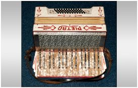 German Pietro Accordion In Leather Case, Cream Pearlescent Finish With Red Accents, Floral Metal