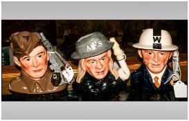 Three Royal Doulton WWI Character Jugs, Comprising Auxiliary Fireman D6887 1990, Home Guard D886