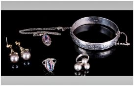Mixed Lot, Comprising Silver Hinged Bangle, Pendant And Chain With Matching Ring, Silver Ring And