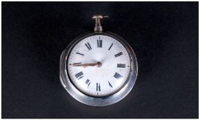 William IV Silver Pair Cased Verge Fusee Pocket Watch  with white porcelain dial, bubble glass.