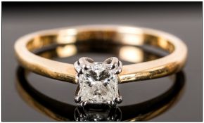 18ct Gold Set Single Stone Diamond Ring. The Princess Cut Diamond of Good Colour and Clarity. Est