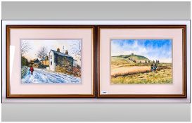 Brian Barlow 1934 Signed Pair Of Watercolors Titled 'Winter At Riding Gate' & 'Easter Pilgrims To