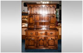 Oak Reproduction Queen Anne Style Small Sized Dresser and Rack, Three Shaped Champhour Cupboards