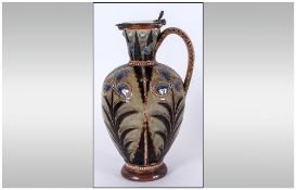 Doulton Lambeth Tube Lined and Applied Lidded Ewer / Jug. Signed Harriet Hibbut. Date 1877, Stands