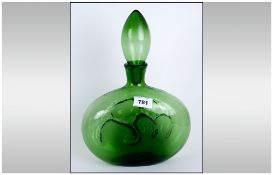 Modern Green Blown Glass Bottle Vase & Stopper the body with a fruit design. 14'' in height.