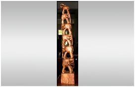African Wooden Totem Carving Of 6 Graduating Elephants, Height 31 Inches
