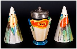 Clarice Cliff Hand Painted Conical 3 Piece Cruet Set ' Fantasque ' c.1930's. Heights 3 Inches.