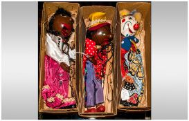 Three Pelham Puppets In Boxes c1950s Two Coloured Dolls And A Clown All With Painted Wooden Heads