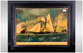 Print On Glass Of A Sailing Ship In Coastal Waters, The Ship XARIFA Framed. 30x22''
