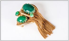 A Vintage and Impressive Gilt Metal - Green Stone Set Tassel Brooch. Probably 1950's. 3 Inches High.