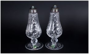 Waterford Pair of Cut Glass and Chrome Topped Salt and Pepper Pots ' Lisamore ' Design. Mint