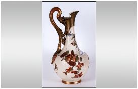 Royal Worcester Floral on Ivory Ewer with Mythical Serpent Handle. c.1880's. Height 13.25 Inches.