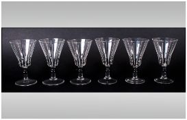 Art Deco Set of Six Liqueur Glasses with Black and White Highlights. Each 3.5 Inches High. Good