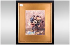 Phylis Hibbert Still Life Watercolour Of Flowers In A Pewter Tankard On A Table monogrammed in a