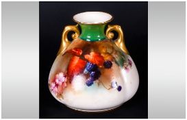 Royal Worcester Hand Painted Two Handle Small Vase ' Blackberries ' Design. Unsigned. Date 1909,