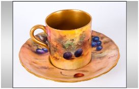 Royal Worcester Hand Painted Miniature Matched Cup and Saucer ' Fallen Fruits ' Design, Signed Price