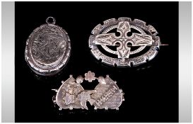 Antique Silver Brooches and Locket, 3 in total, unmarked but test silver(3)