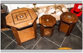 Three Colonial Teak Side Tables With Inlaid Hexagonal Shaped Tops. Inlaid with ebony and ivory