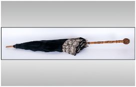 Victorian Ladies Parasol, Carved Wooden Handle And Bamboo Cane, Black Silk Sateen. Lined With Fine