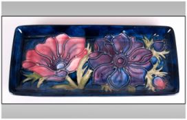 Moorcroft Rectangle Shaped Pen Tray ' Anemone ' Design on Blue Ground. c.1990's. 3.5 x 8 Inches.