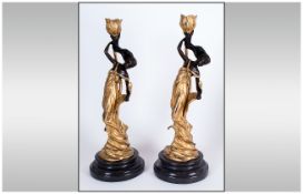 Art Nouveau Style Gilt Bronze Figural Candlesticks, two, each showing a graceful female in a flowing