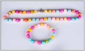 Pastel Dyed Quartzite Necklace and Bracelet Set, candy coloured round quartzite beads threaded and