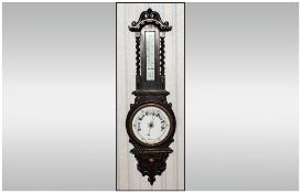 Oak Cased Aneroid Barometer With Thermometer, Carved Oak Case With Barley Twist Supports And
