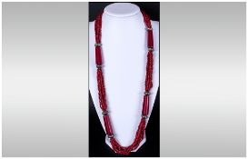 Antique Unusual Amber and Coral Necklace. 32 Inches In Length. 106.3 grams.