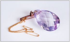 9ct Gold Set Large Faceted Tear Drop Shaped Amethyst Pendant/Brooch, with two safety chains.