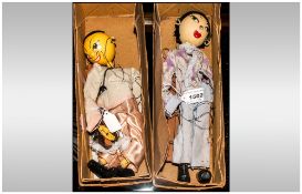 Two Pelham Puppets In Boxes c1950s Two Oriental Dolls, Painted Wooden Heads.