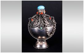 Chinese Style Snuff Bottle, Moon Flask Form With Applied Wire Work Floral Decoration And Set With