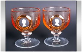 Wedgwood Royal Silver Wedding Ltd and Numbered Pair of Hand Made Glass Goblets with Applied Jasper