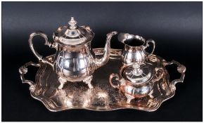 Silver Plated Quality Three Piece Tea Service and matching two handled salver tray, silver on