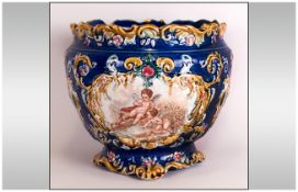 Majolica - English Late 19th Century Jardiniere, Blue and Gold Colour. With Images of Putti to