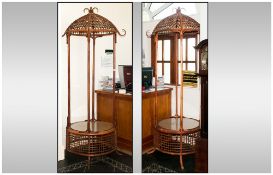 Pair of Unusual Bent wood Free Standing Display Features with Rattan Weaved Domed Top and Base. In