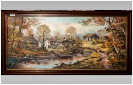John Corcoran Oil on Canvas, 'Riverscene Setting'. Signed lower right. Stained Wood frame. 38 by