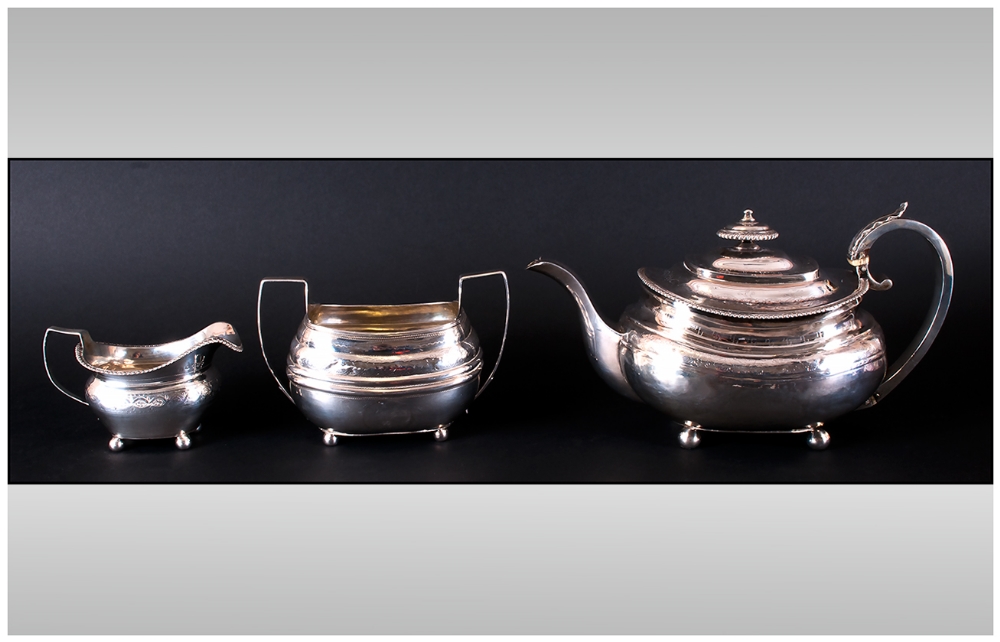 George III Regency Matched 3 Piece Tea - Service. Each Piece Engraved With Floral Decoration and The - Image 2 of 2