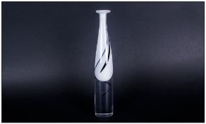 Kosta Swedish Elegant Art Glass Bud Vase I White with black design and clear heavy casing. Signed