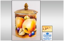Coalport Hand Painted Lidded Jar, Signed Lynda Dale ' Fallen Fruits ' Pattern. 4 Inches HIgh.