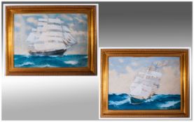 J.H.Dobson, Large Pair Of Watercolour Drawings On Paper Of Sailing Barques In Full Sail in choppy
