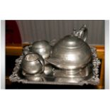 Three Piece Pewter Tea Set Planished Decoration. Unmarked. Together With A Rectangular Silver Plated
