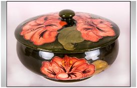 Moorcroft Lidded Powder Bowl ' Coral Hibiscus ' Design on Green Ground. 3.5 Inches High, 6 Inches