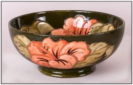 Moorcroft Footed Bowl ' Coral Hibiscus ' Design on Green Ground. 3 Inches High, 6.25 Inches